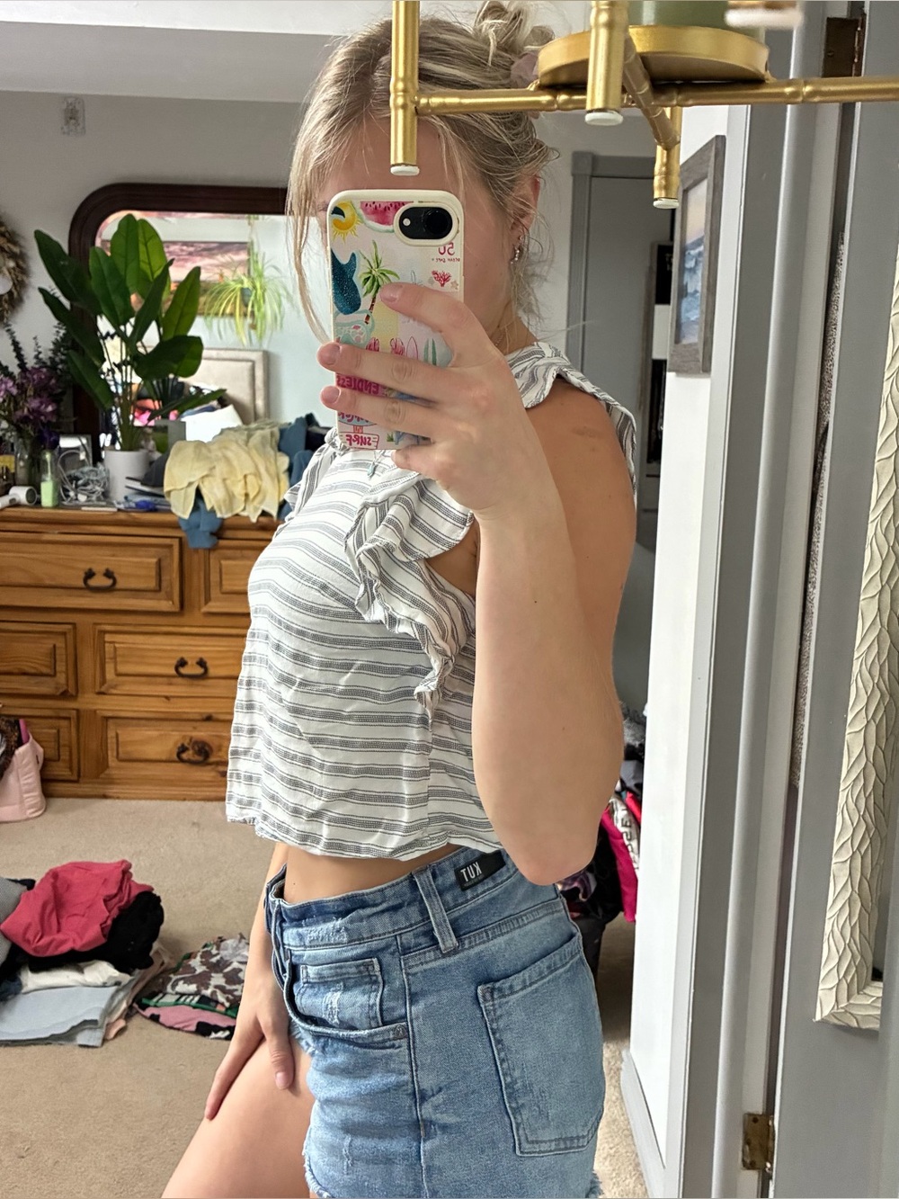 ASOS Striped Ruffle Sleeve Cropped Blouse